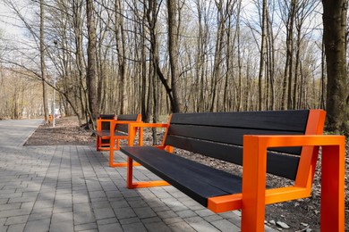 Photo of Empty wooden benches and trash bin in city park