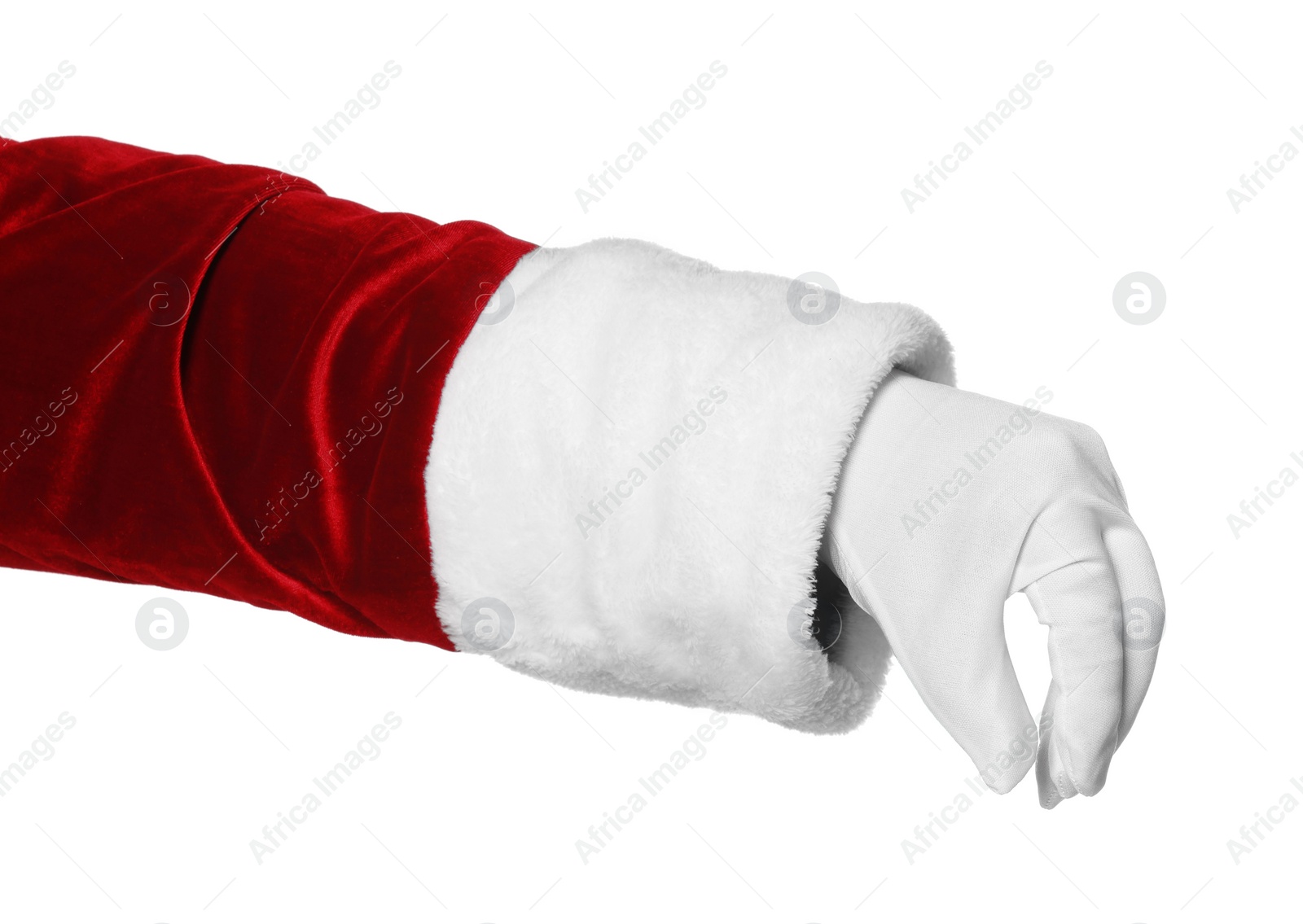 Photo of Merry Christmas. Santa Claus holding something on white background, closeup