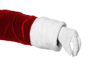Photo of Merry Christmas. Santa Claus holding something on white background, closeup