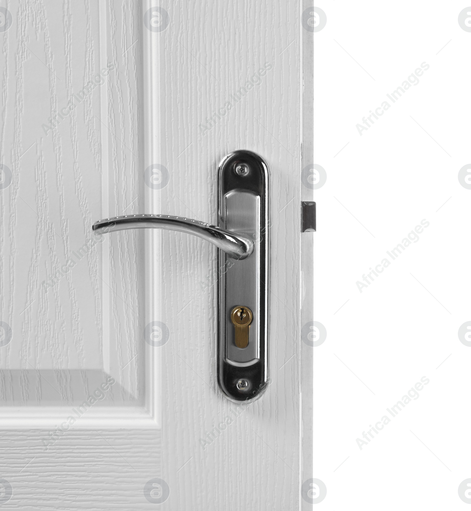 Photo of Wooden door with metal handle on white background, closeup