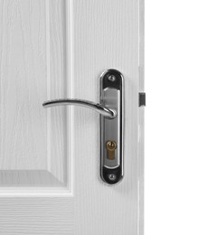 Photo of Wooden door with metal handle on white background, closeup