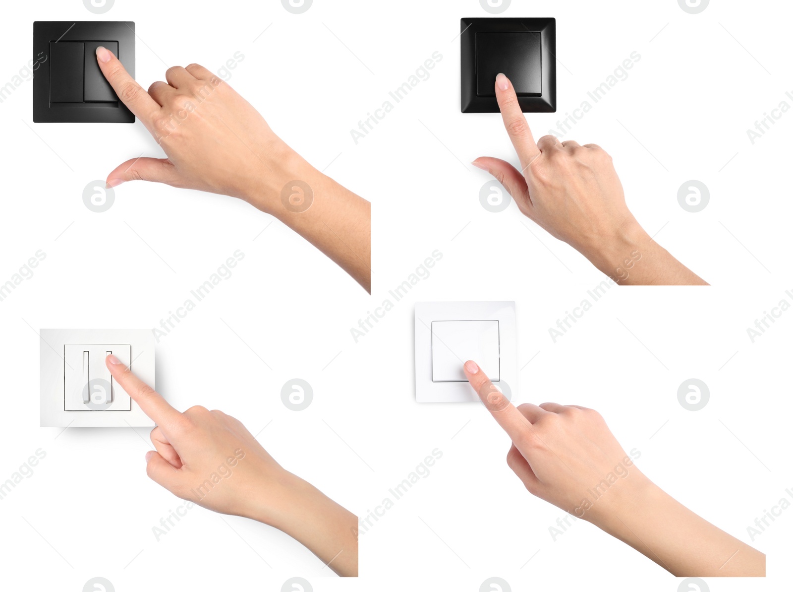 Image of Collage with photos of women pressing light switches on white background, closeup