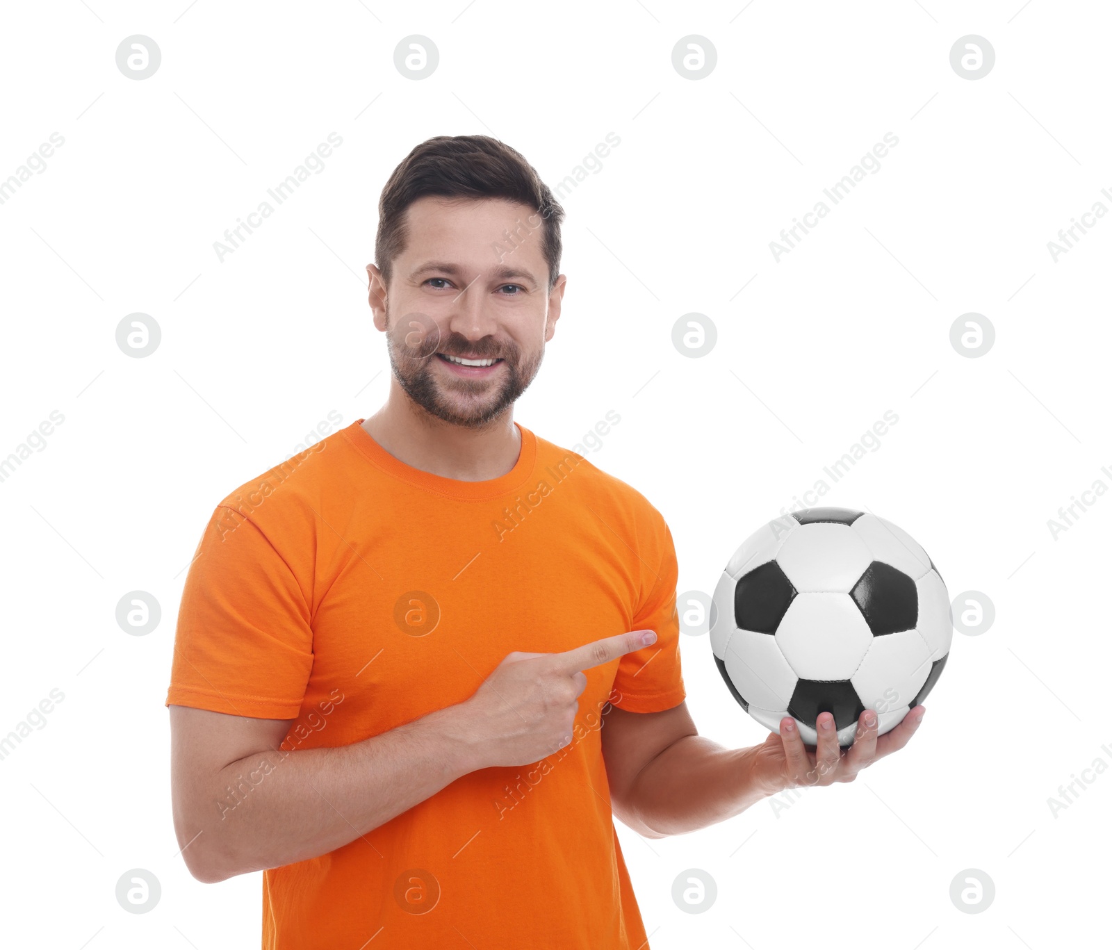 Photo of Happy sports fan with ball on white background