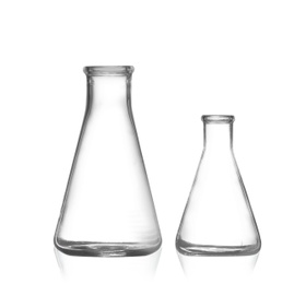 Photo of Empty conical flasks on white background. Chemistry glassware