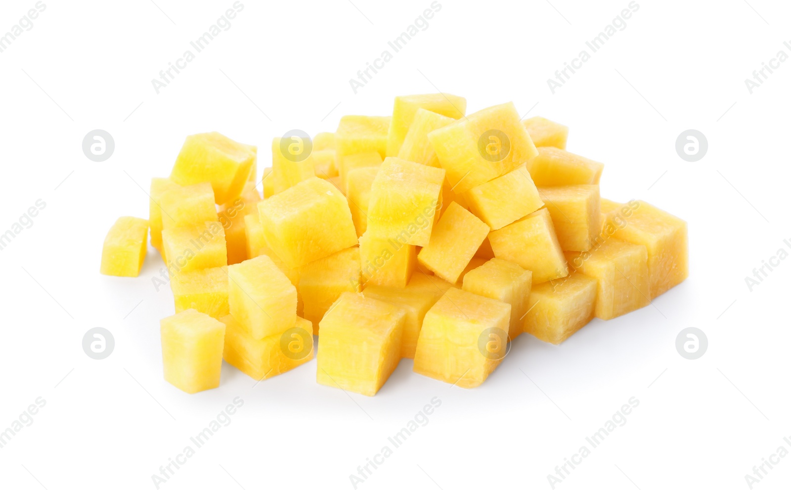 Photo of Raw yellow carrot cubes isolated on white