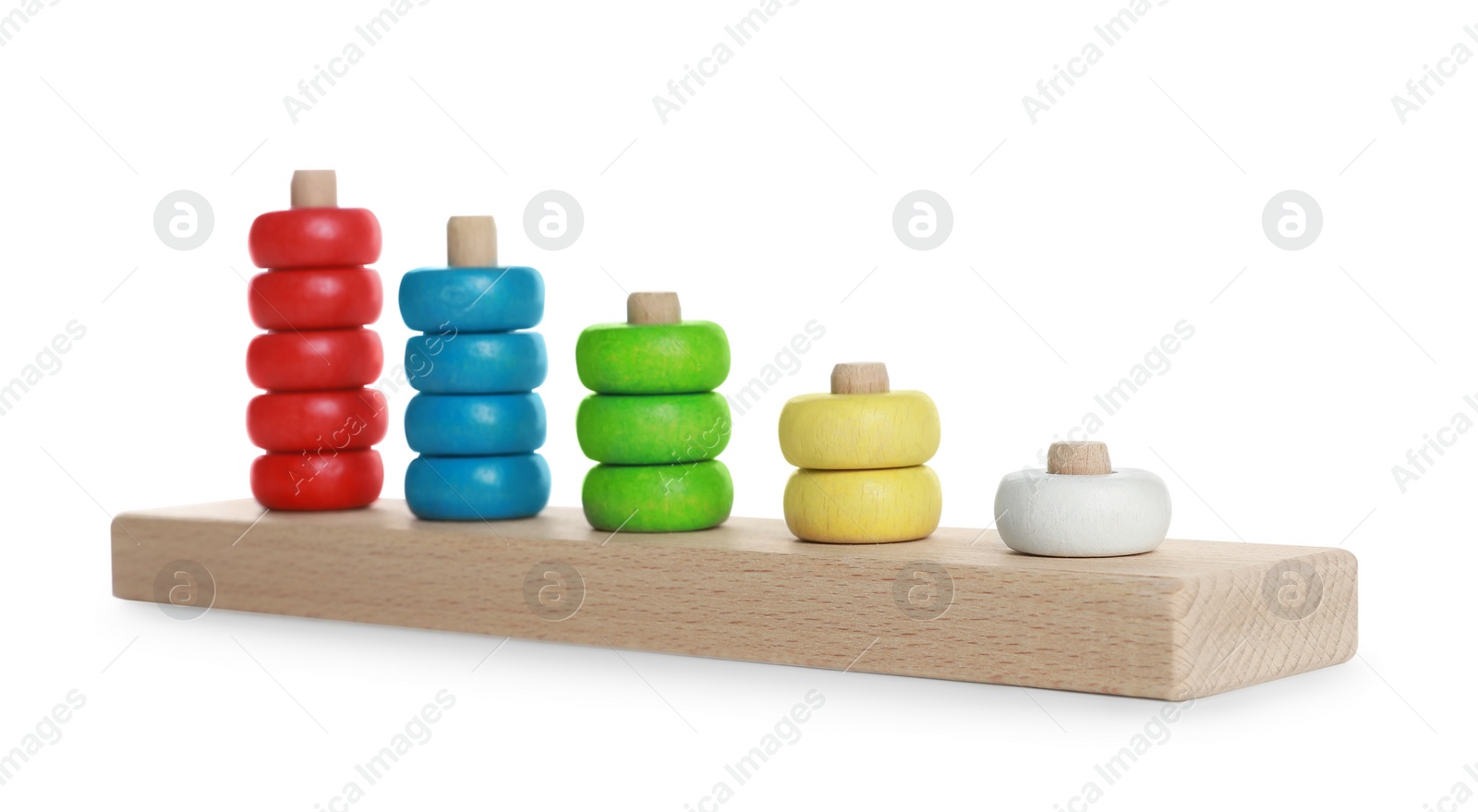 Photo of Stacking and counting game wooden pieces isolated on white. Educational toy for motor skills development