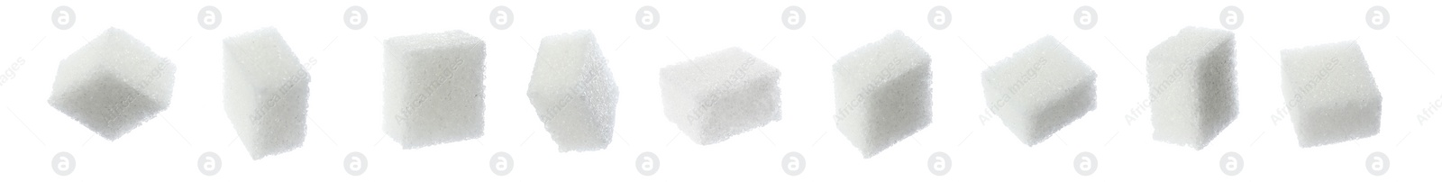 Image of Set with cubes of sugar on white background. Banner design