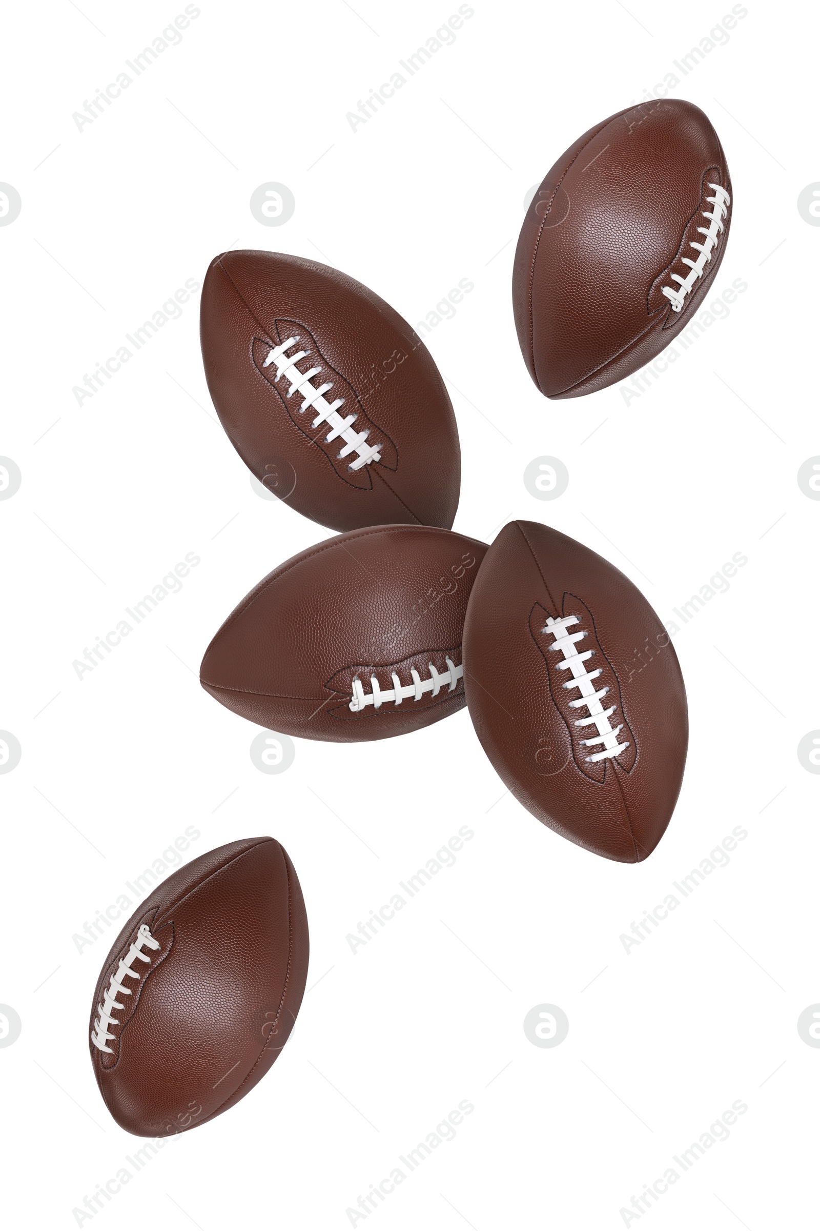 Image of Many American football balls flying on white background