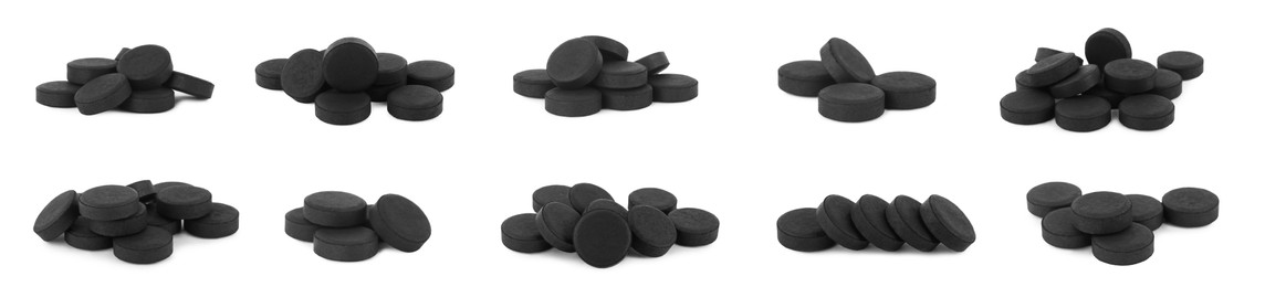 Set with activated charcoal pills on white background, banner design. Potent sorbent