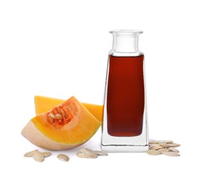 Fresh pumpkin seed oil in glass bottle isolated on white