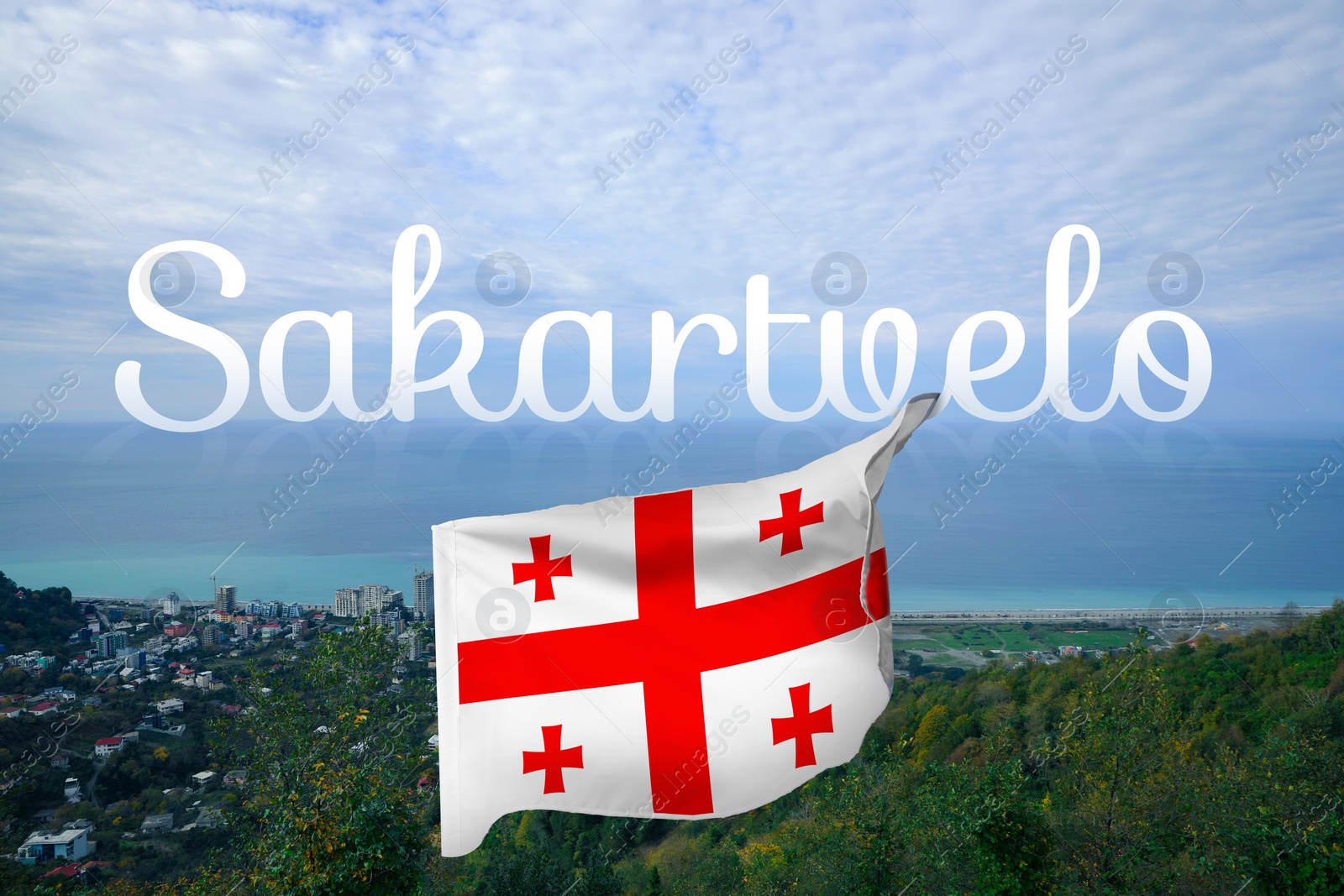 Image of Word Sakartvelo meaning native name of Georgia over its national flag against beautiful landscape