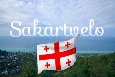 Image of Word Sakartvelo meaning native name of Georgia over its national flag against beautiful landscape