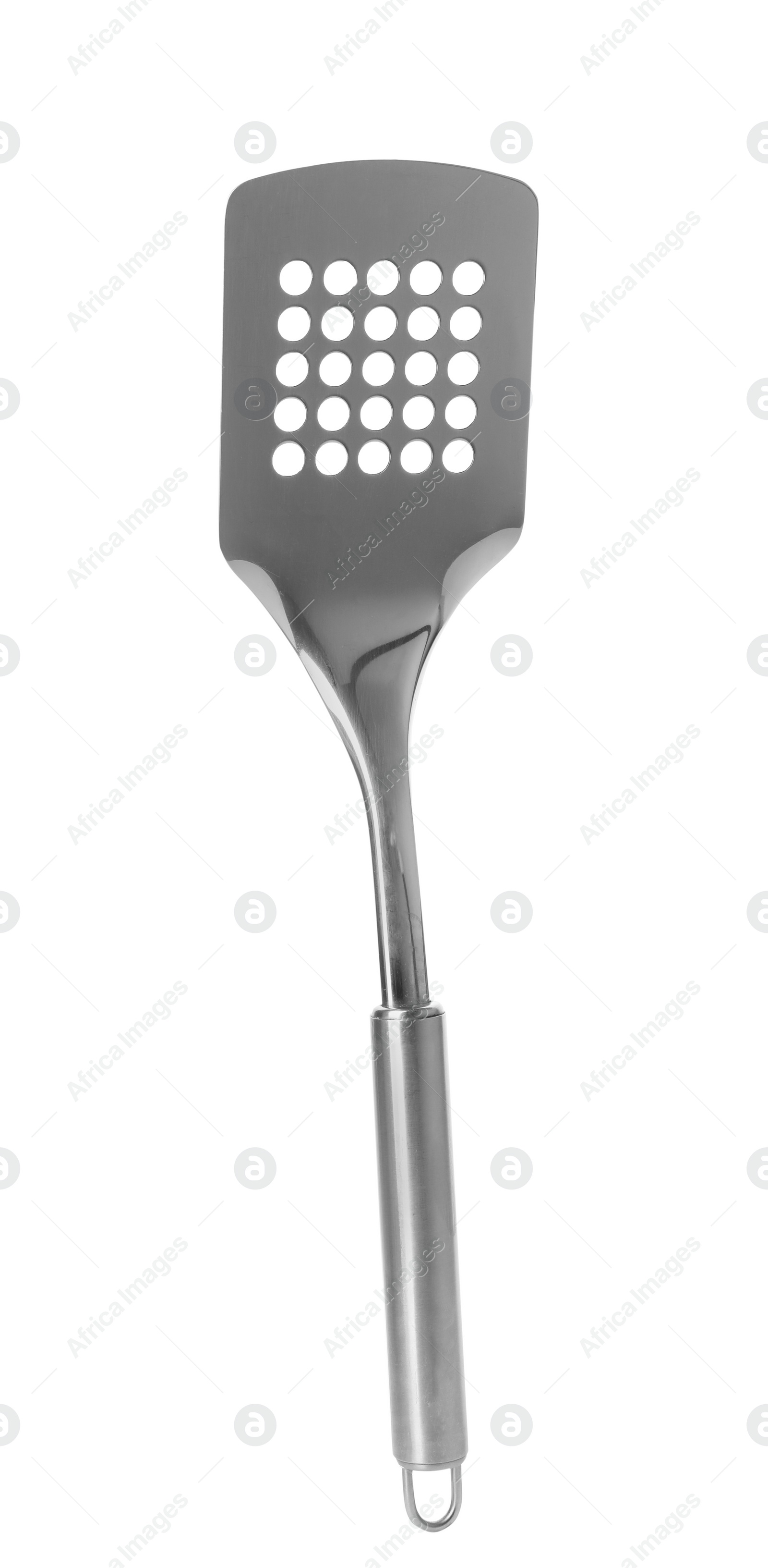 Photo of Metal spatula on white background. Kitchen utensils