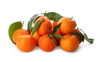 Photo of Fresh ripe tangerines with green leaves on white background