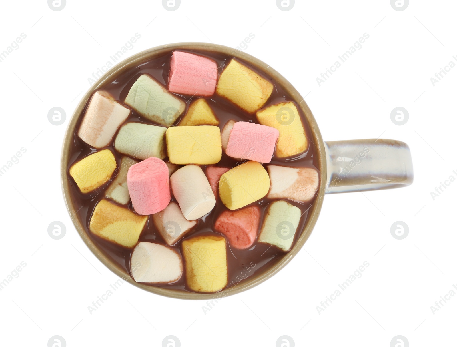 Photo of Cup of delicious hot chocolate with marshmallows isolated on white, top view