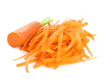 Photo of Tasty raw shredded carrot isolated on white