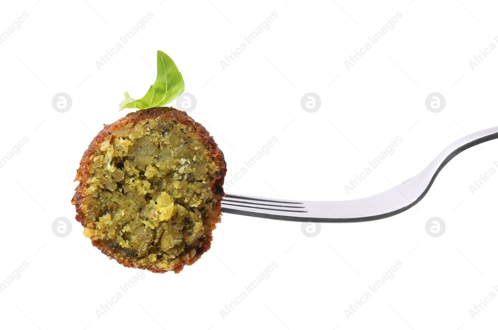 Photo of Delicious falafel ball, basil and fork isolated on white