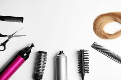 Professional hairdresser tools on white background