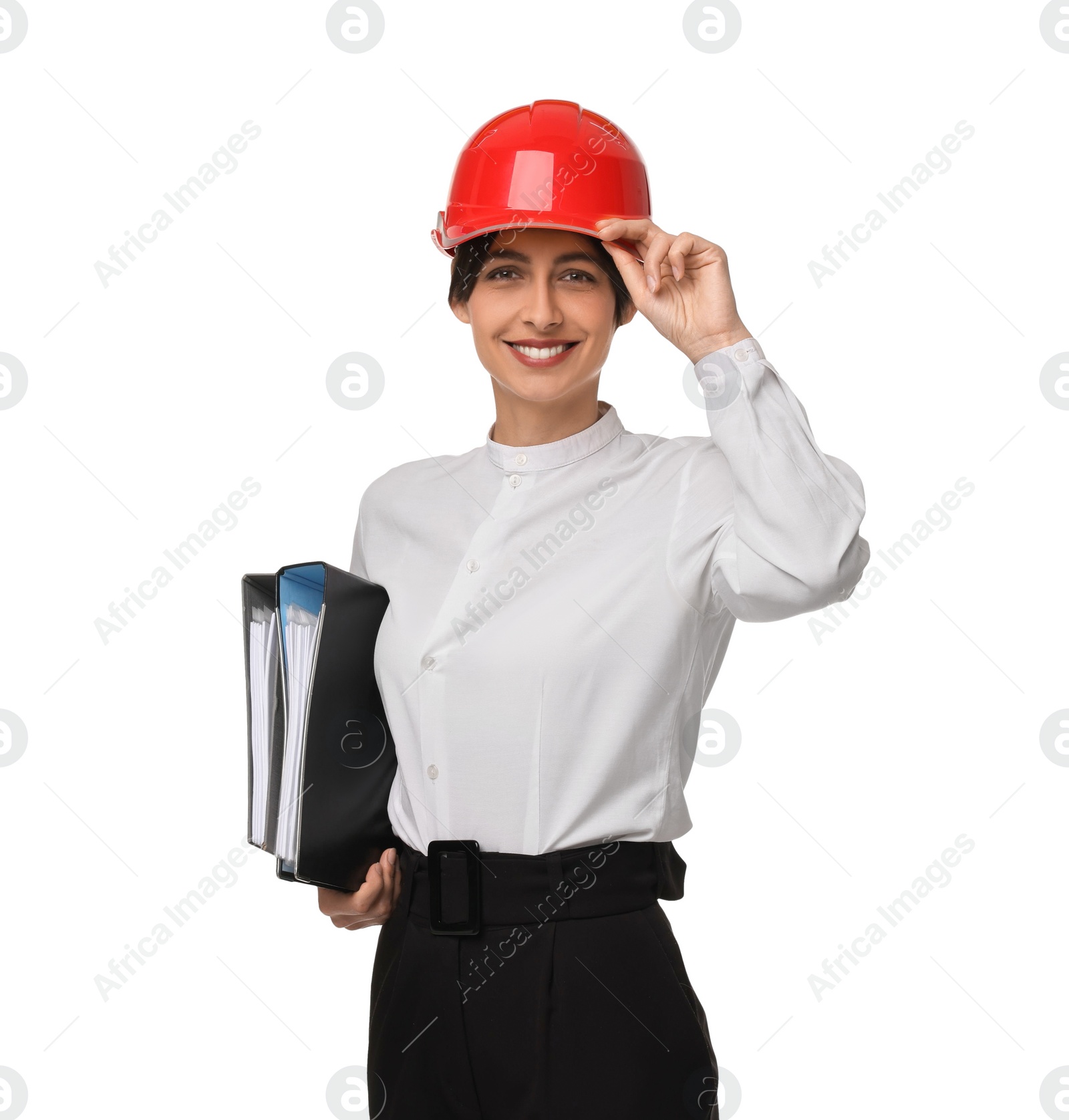 Photo of Architect with hard hat and folders on white background