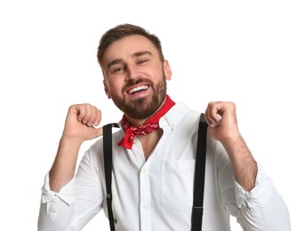 Fashionable young man in stylish outfit with bandana on white background