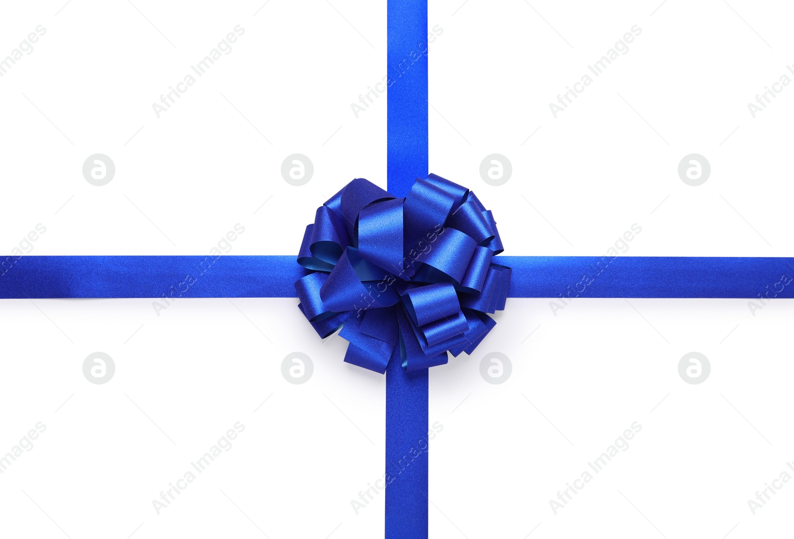 Photo of Blue ribbons with bow on white background, top view