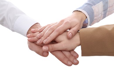 Photo of Man and women holding hands together on white background, closeup