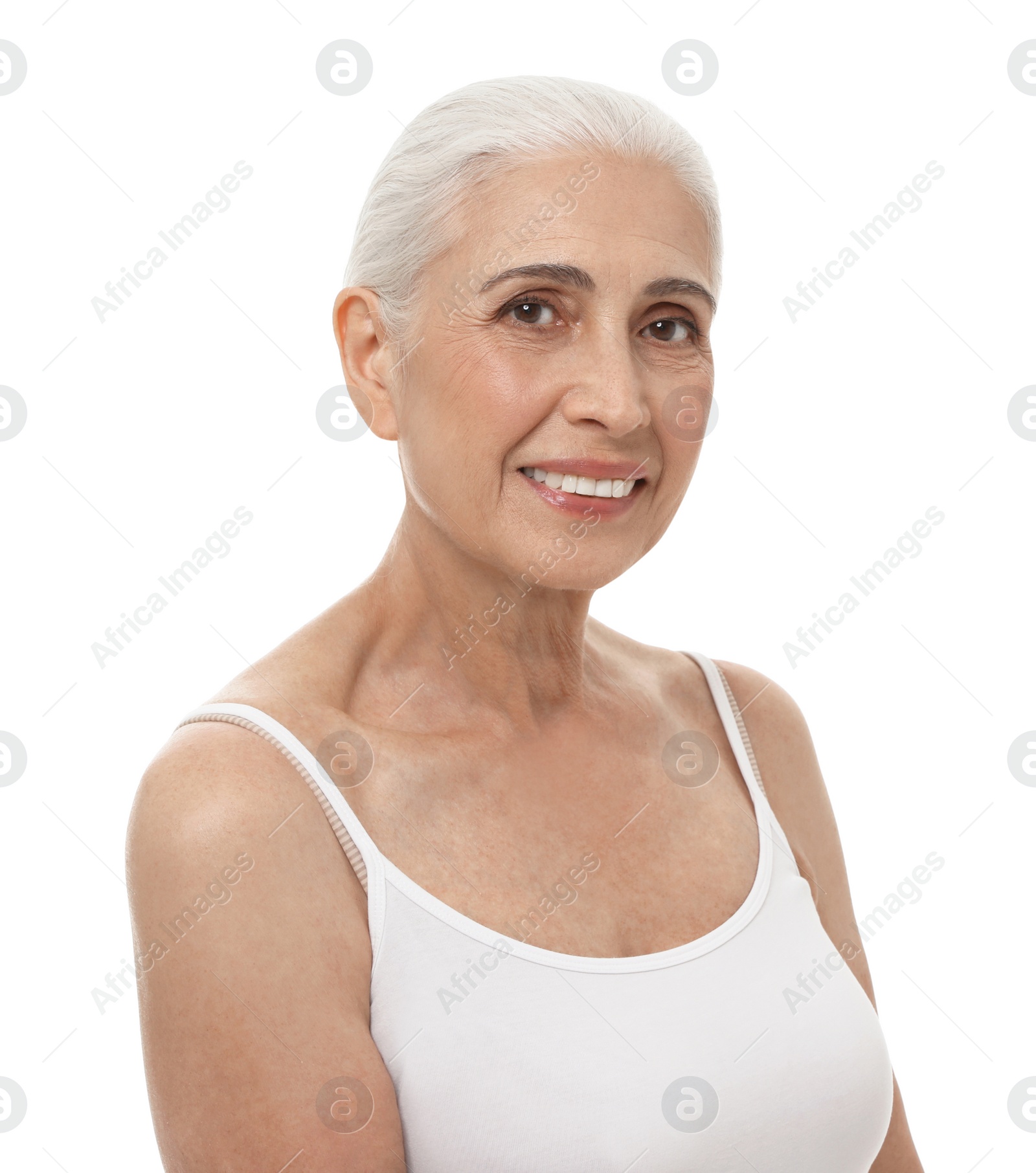 Photo of Portrait of beautiful mature woman on white background