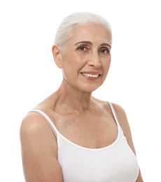 Photo of Portrait of beautiful mature woman on white background