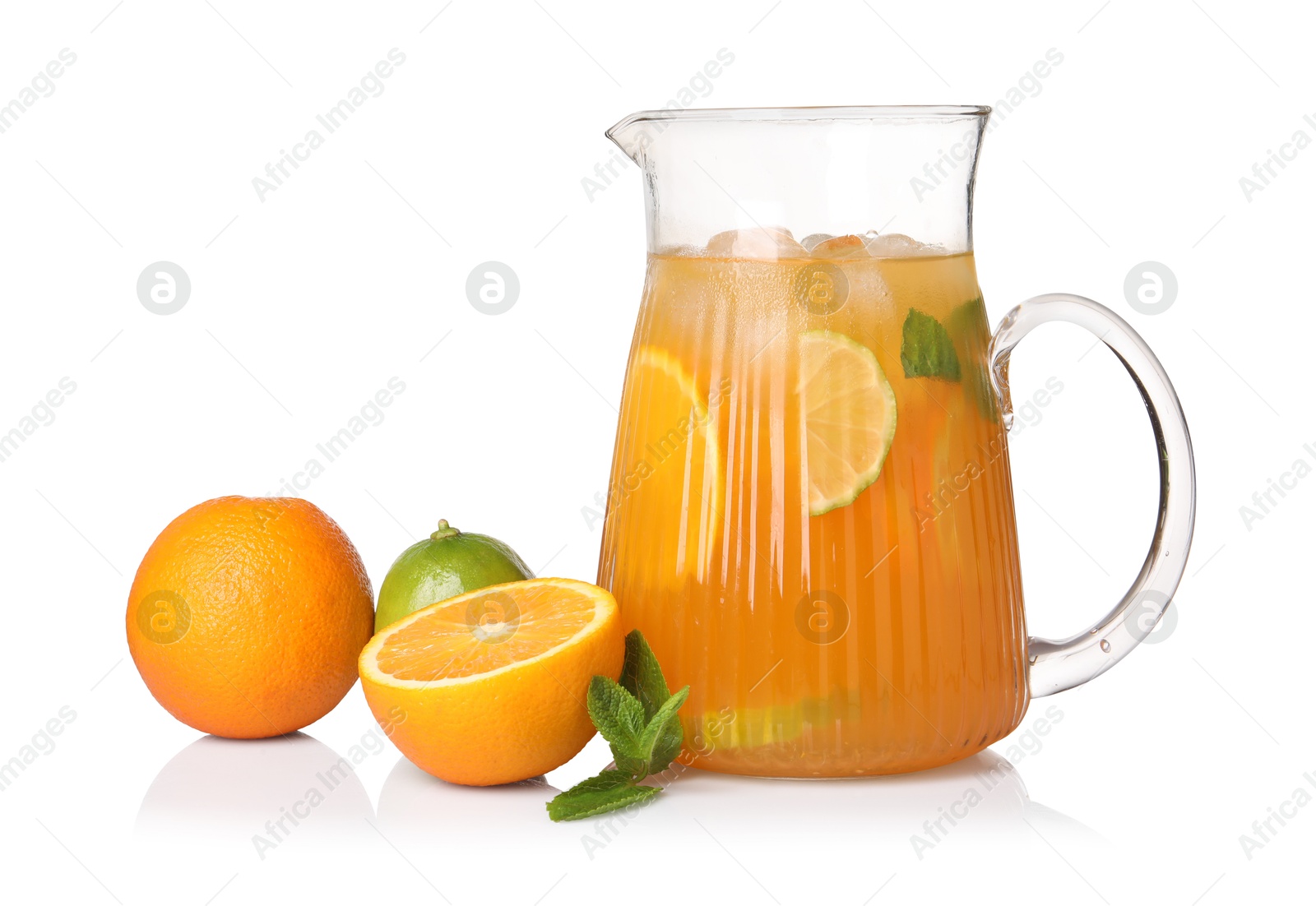 Photo of Freshly made lemonade in jug, citrus fruits and mint isolated on white