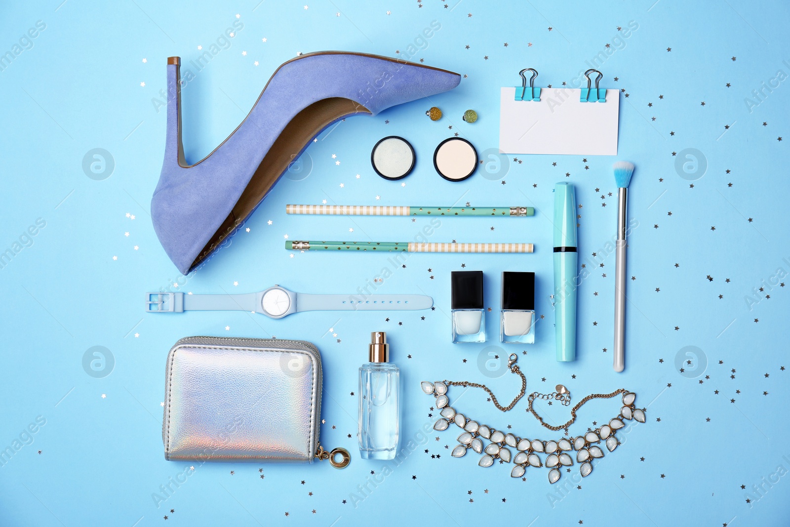 Photo of Flat lay composition with cosmetics and stylish accessories on color background