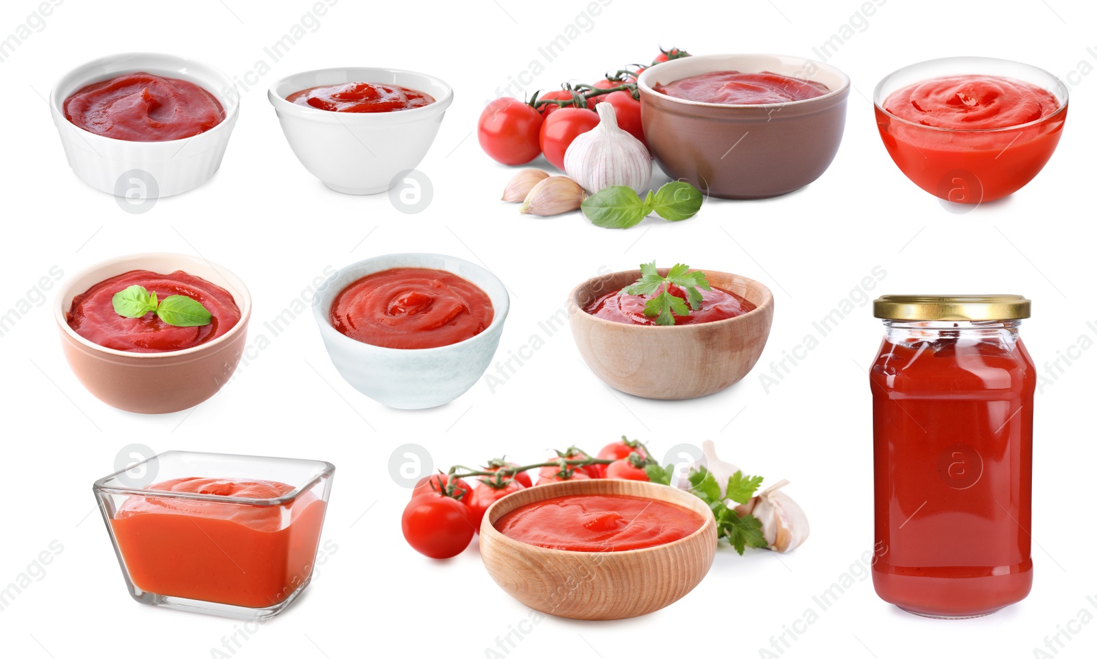 Image of Set of tasty tomato sauce on white background