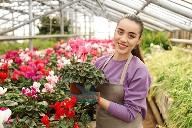 Photo of Young woman holding pot with blooming flower in greenhouse. Home gardening