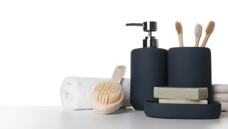 Bath accessories. Different personal care products on table against white background. Space for text