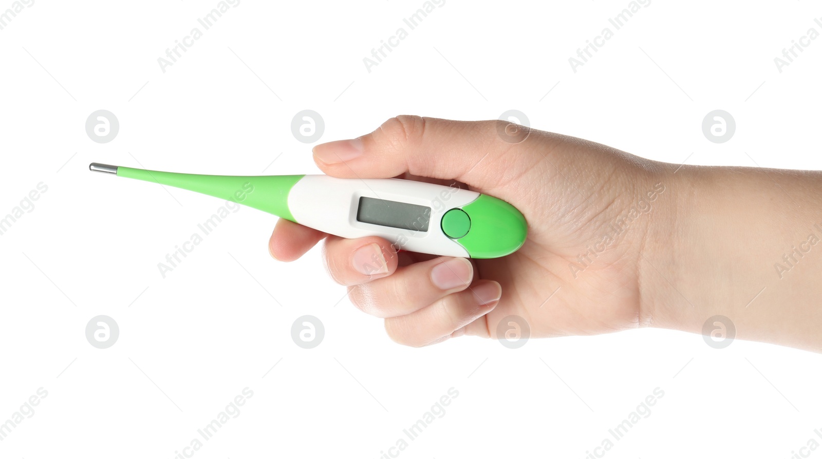 Photo of Woman holding digital thermometer on white background, closeup