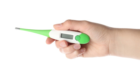 Photo of Woman holding digital thermometer on white background, closeup