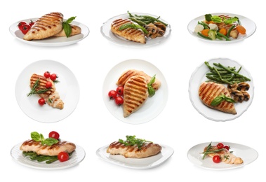 Image of Set of grilled chicken breasts on white background