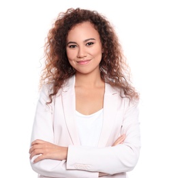 Young African-American woman with beautiful face on white background