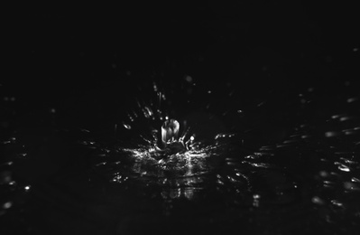 Photo of Rain drops falling down into puddle on dark background, closeup