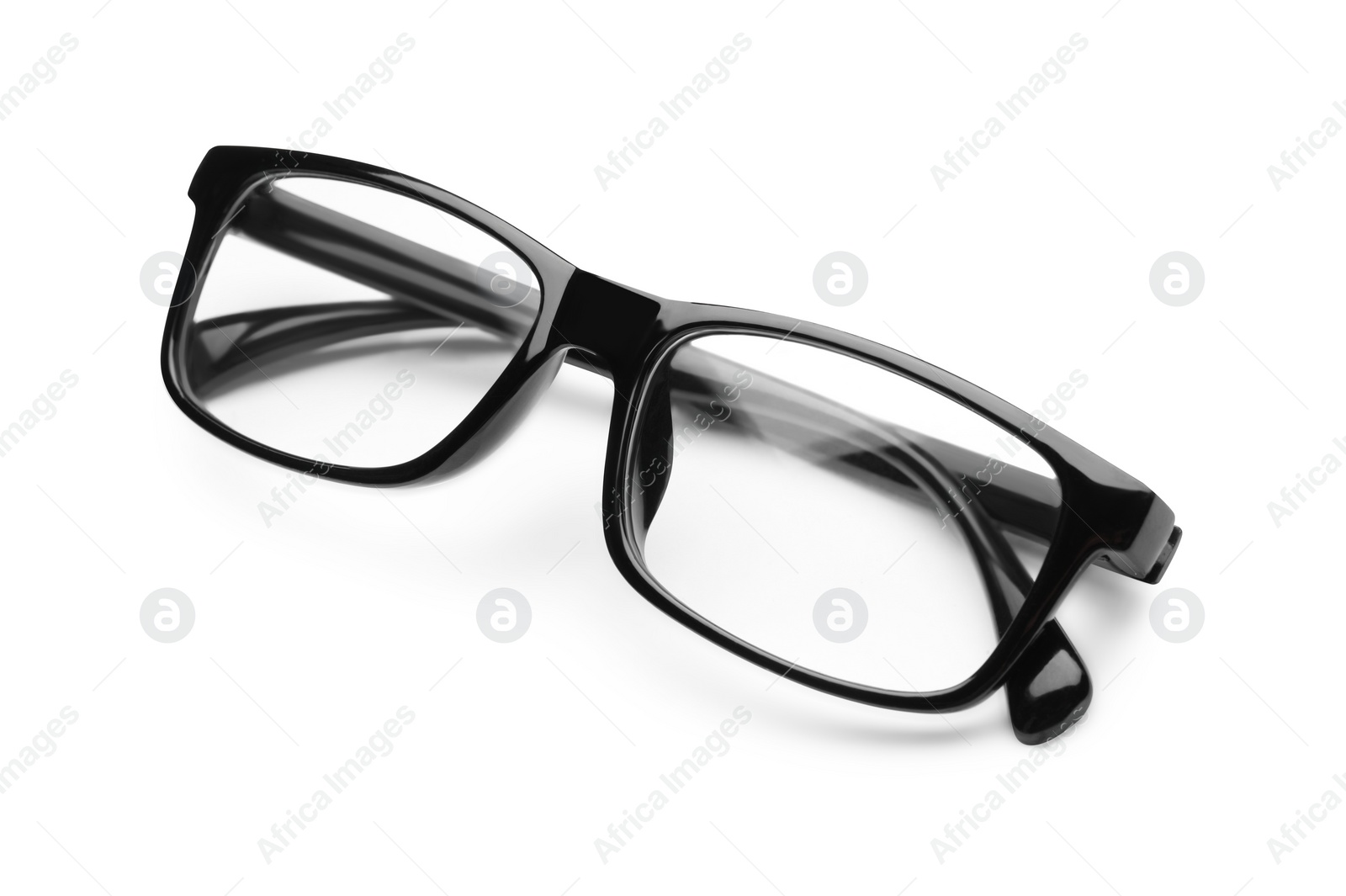 Photo of Stylish glasses with black frame isolated on white