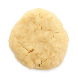 Photo of Making shortcrust pastry. Raw dough isolated on white, top view