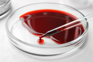 Image of Dripping blood from pipette into Petri dish on table, closeup. Laboratory analysis