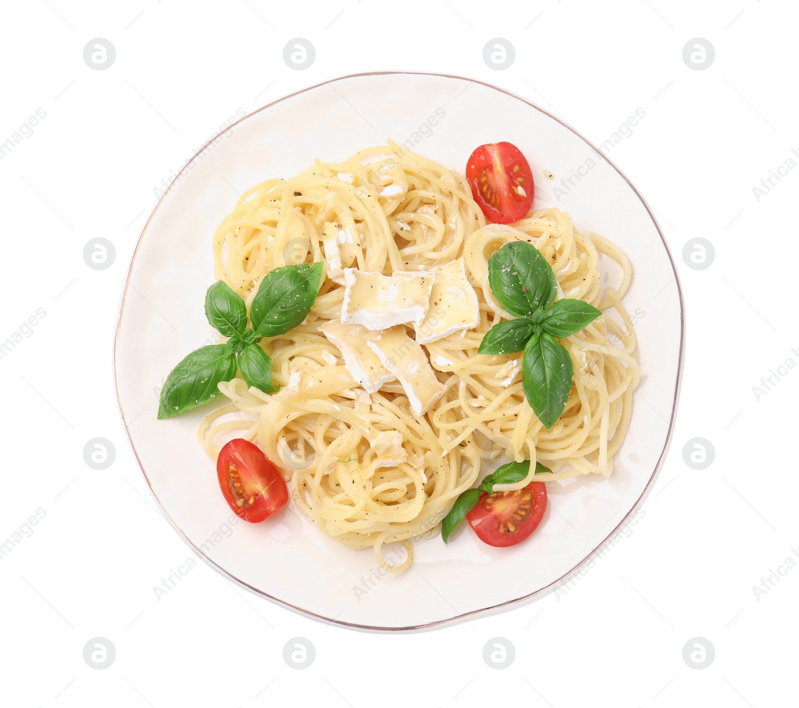 Photo of Delicious pasta with brie cheese, tomatoes and basil leaves on white background, top view