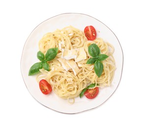 Delicious pasta with brie cheese, tomatoes and basil leaves on white background, top view