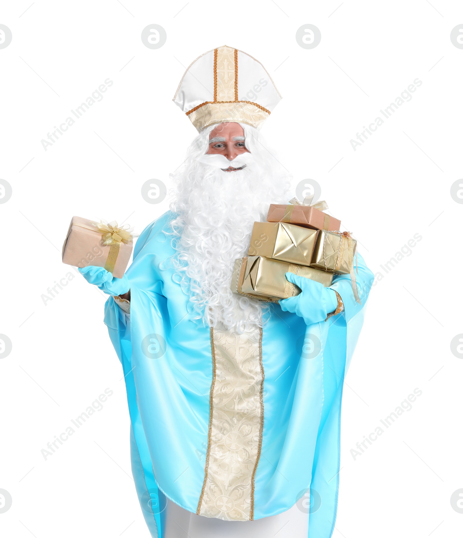 Photo of Portrait of Saint Nicholas with presents on white background