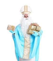 Portrait of Saint Nicholas with presents on white background