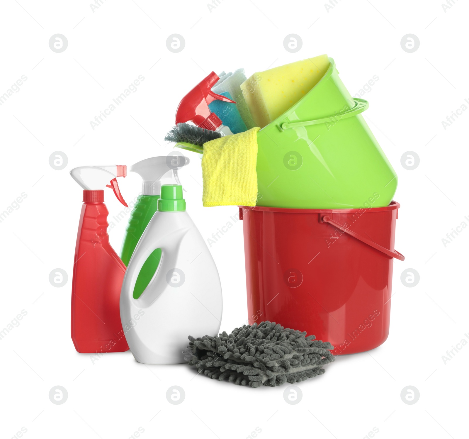 Photo of Plastic buckets and different cleaning supplies on white background