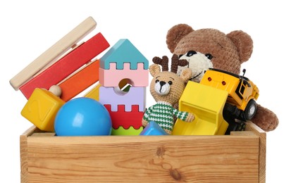 Photo of Crate with different children's toys isolated on white