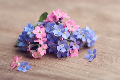 Photo of Beautiful fresh Forget-me-not flowers on wooden table