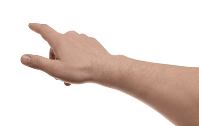 Photo of Man pointing at something on white background, closeup