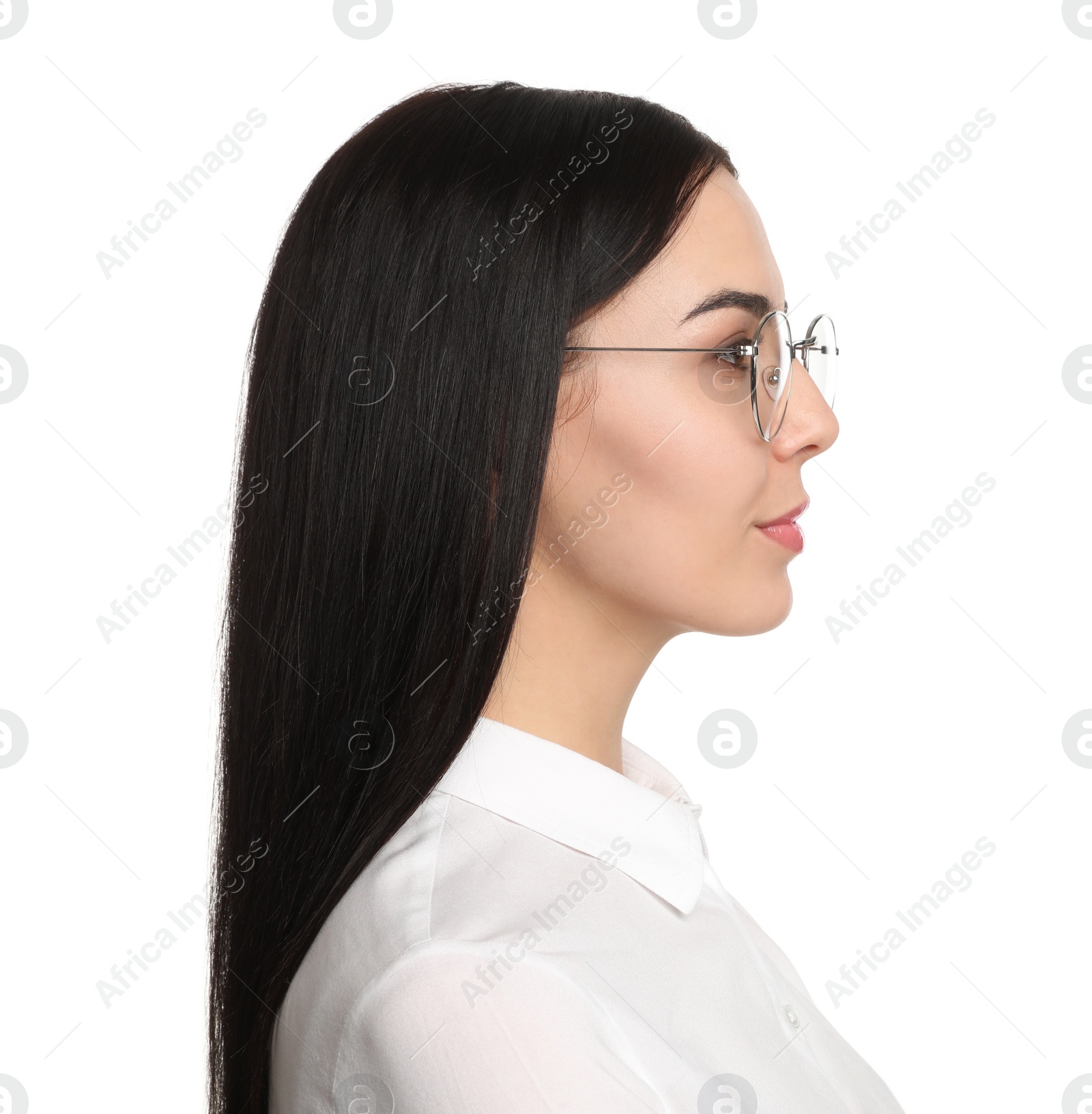 Photo of Portrait of young businesswoman on white background